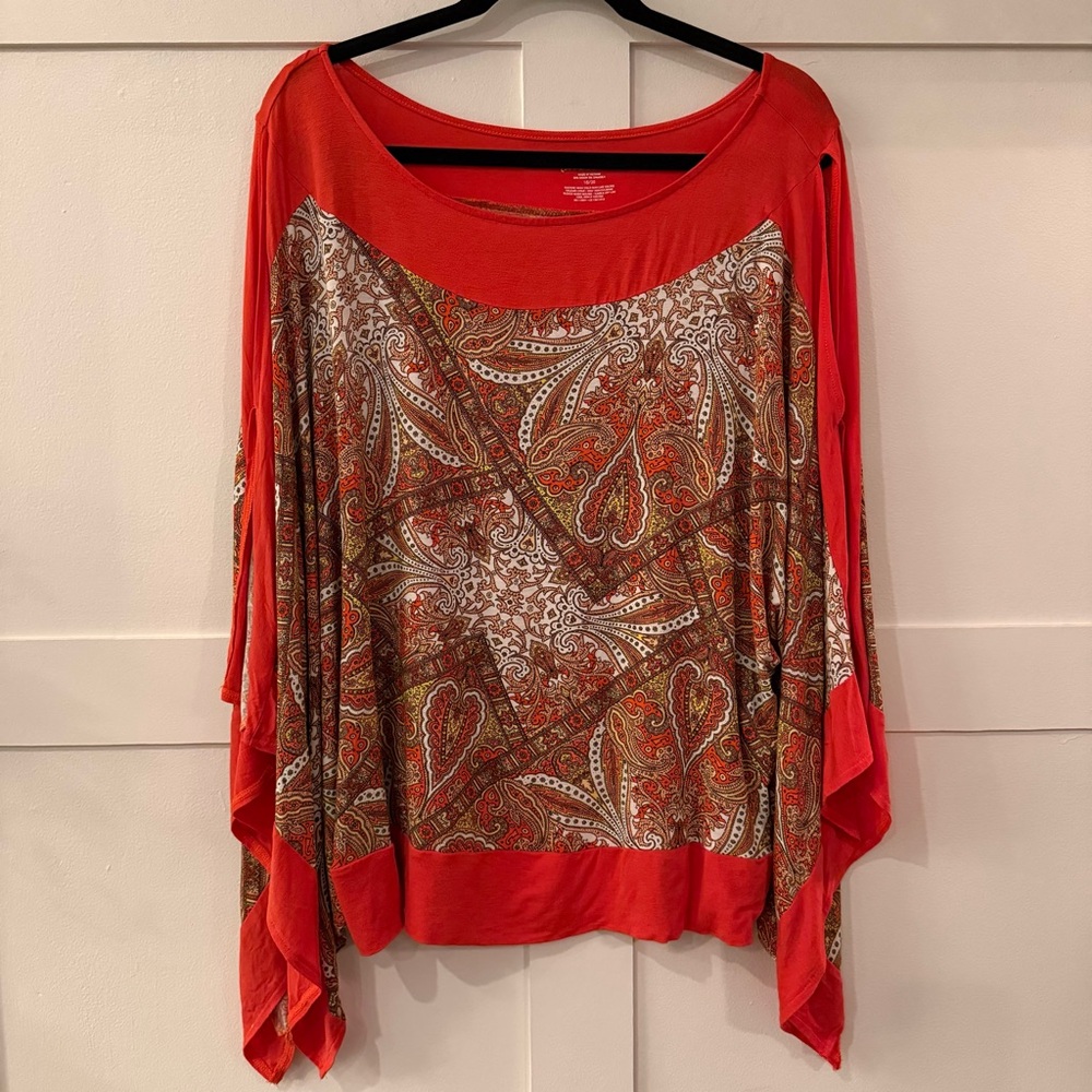 Lane Bryant Paisley Wide Neck Split Sleeve Top - Orange & Tan - 18/20